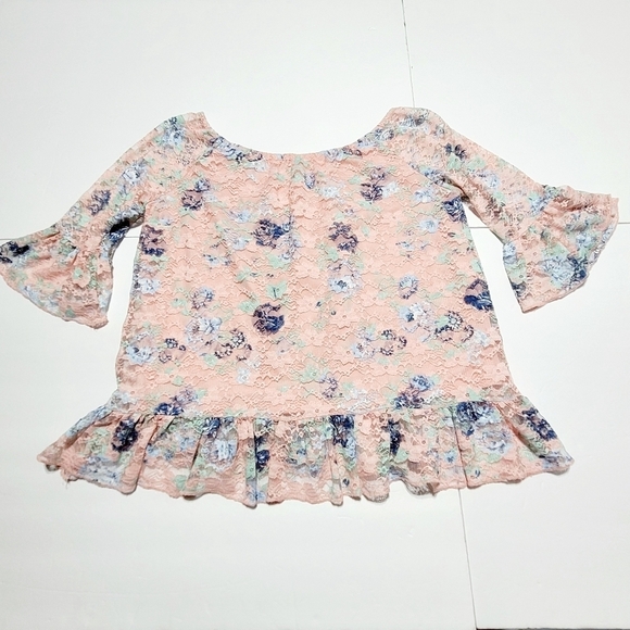 Almost Famous On / Off Shoulder Peplum Pink Lace Stretch Pop Over Top (L) - Picture 6 of 10